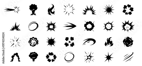 Comic energy explosion. Cartoon explosions, Japanese manga fireball and blast, impact flashes with fire flame, smoke and burst, game animation puff explosive effect. Boom explode vector silhouettes