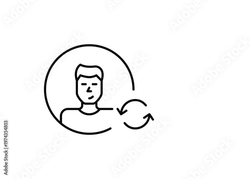 Account renewal, subscription refresh, digital profile update. Male user avatar and renew arrows. Pixel perfect, editable stroke vector icon
