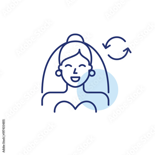 Happy bride in veil and renew arrows. Wedding update, marriage data or status refreshed. Pixel perfect, editable stroke vector icon