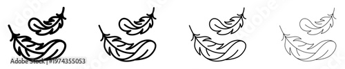 Set of four minimalist contour icons of two light feathers with different line thicknesses, symbolizing weightlessness, softness and delicate skin care. Vector illustration.