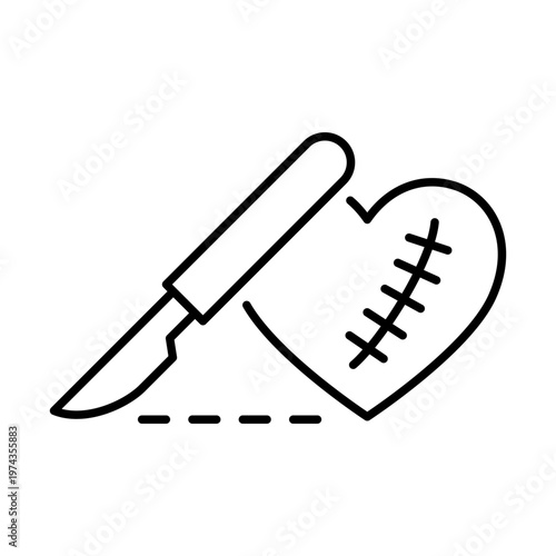 Linear icon of a heart with a scar and a surgical scalpel. Symbol of cardiac surgery, medical intervention, and treatment of cardiovascular diseases. Vector illustration.