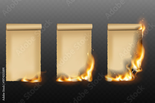 Vintage parchment scrolls burning with destructive flames and smoke on a transparent background