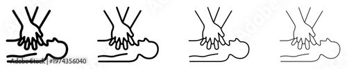 A set of linear cardiopulmonary resuscitation icons, presented in four different stroke weights. Symbol of first aid, emergency medical care, and life-saving. Vector illustration.