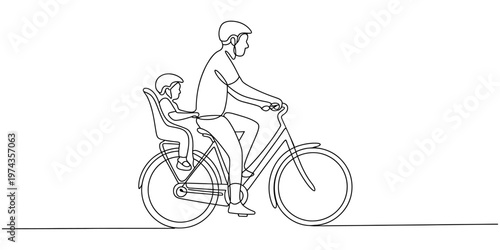 Continuous line drawing, bicycle rider with child seat, family cycling, minimalist vector illustration