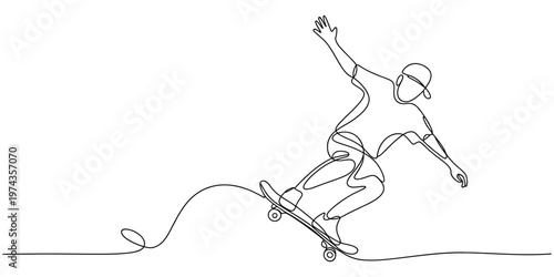 Continuous line skateboarder, dynamic single line drawing, minimalist skateboarder vector, action sports icon