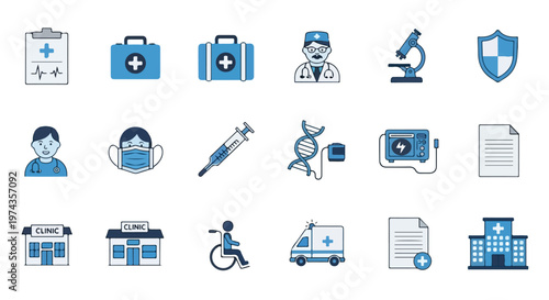 This illustration displays eighteen professional medical icons, including clinic buildings, health personnel, and laboratory equipment.