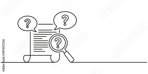 continuous one line drawing Question mark icons, document search, magnifying glass, line style illustration, minimalistic design, business concept, white background