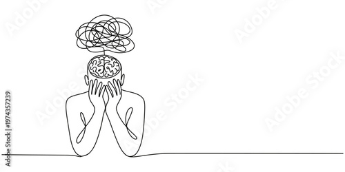 Continuous line drawing, stressed woman with tangled brain, minimalist illustration, mental health concept, vector artwork