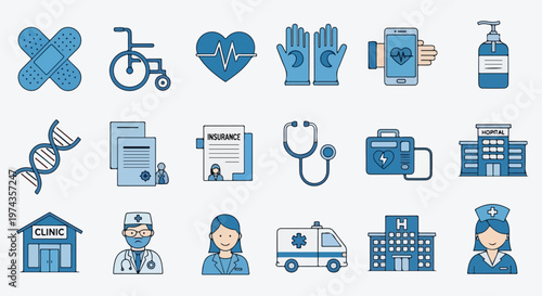 A comprehensive set of eighteen medical and healthcare vector icons in blue, featuring professionals, facilities, and essential emergency equipment.