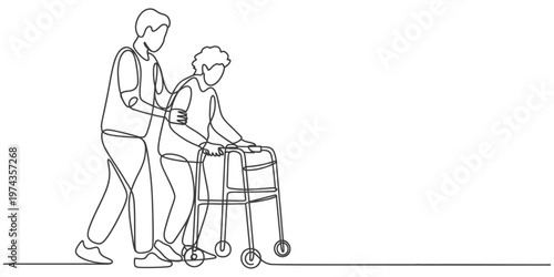 continuous one line drawing Elderly care, walking aid, line drawing, simple illustration, caregiver support