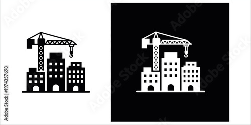 Construction Site with Tower Crane and Urban Buildings Icon for Real Estate Development Vector Illustration.