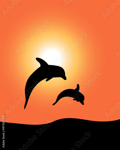 Silhouetted dolphins leap against a warm sunset glow. Their graceful arcs echo joy and freedom. Orange sky fades into deepening dusk. Image captures ocean's wild, playful spirit