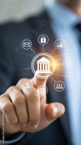 Finger touching glowing digital icon representing government or law services