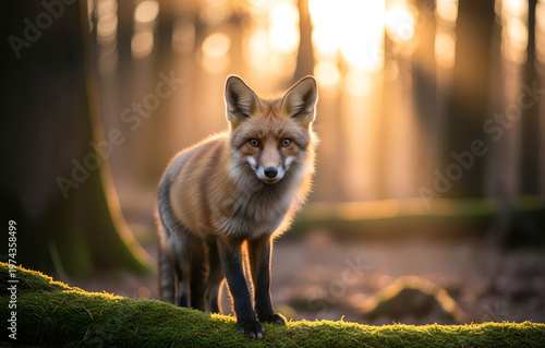 Red Fox Standing in Forest Golden Light Wildlife Scene