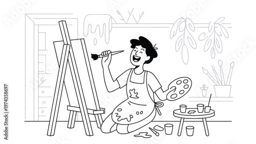 Woman painter at easel cartoon outline art studio vector illustration