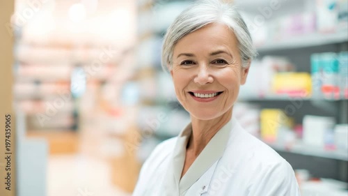 Mature female pharmacist with grey hair wearing a white lab coat in pharmacy. Healthcare concept