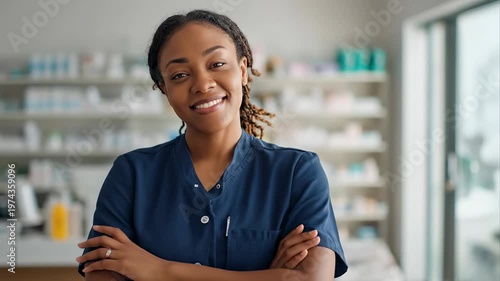 Confident African American female pharmacist or medical professional in blue scrubs standing with arms crossed in pharmacy. Healthcare, medicine and professional career themes