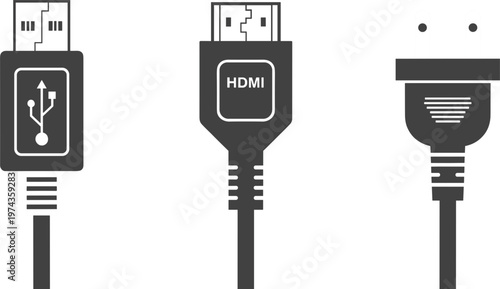 Computer connection cable vector icon set with HDMI USB and power plug glyph symbols isolated on white background