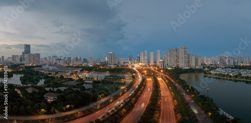 Fotografie Panoramic drone view of Thang Long Boulevard stretching across Hanoi with expans