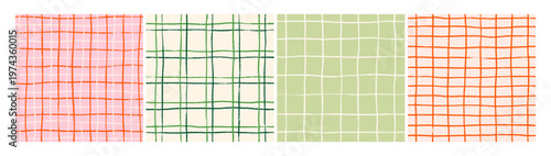 Gingham check patterns set. Checkered plaid backgrounds, seamless endless repeating prints. Abstract drawn geometric lines, tartan and chequered textures for cloth design. Flat vector illustrations