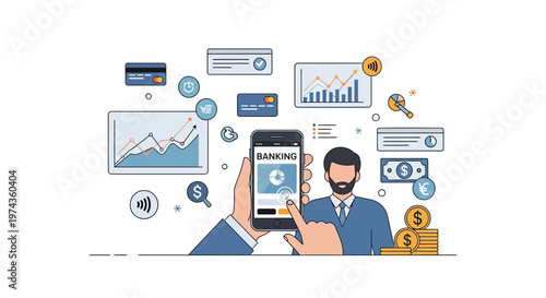 Man Holding Smartphone Showing Banking App with Financial Graphics.