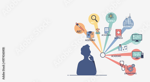 Man contemplating diverse technological and informational concepts radiating outwards.