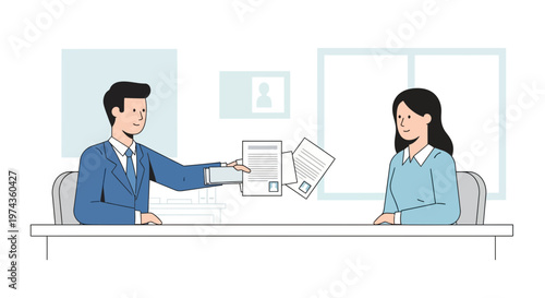 Man in suit handing documents to woman across table.