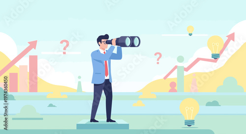 Man in suit looking through binoculars with determination.