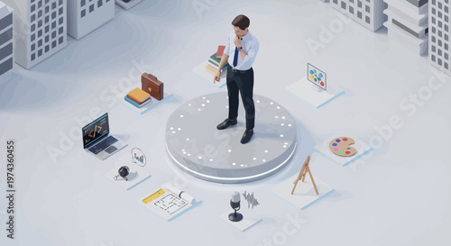 Man in VR headset contemplating business decisions surrounded by technology.