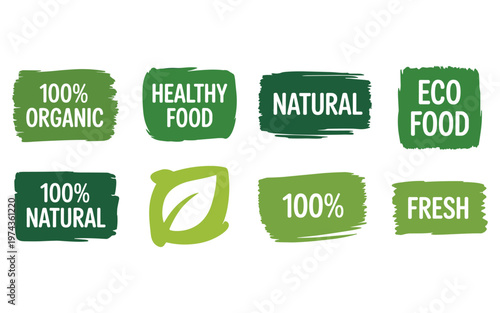 Green brush stroke labels with organic, natural, and eco food text