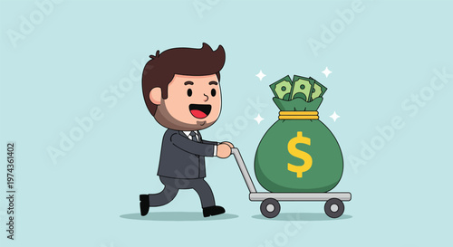 Businessman pushing a cart with a large money bag symbolizing financial success and wealth accumulation.