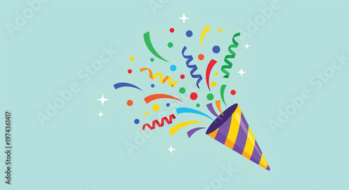 Colorful Confetti Explosion from Party Popper on Light Blue Background.