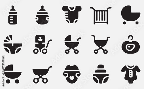 set of baby icons including strollers, clothes and accessories