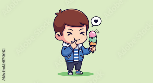 Cute cartoon boy happily enjoying a delicious ice cream cone.