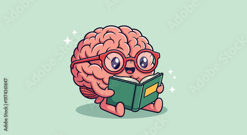 Cute cartoon brain wearing glasses reading a book Vector Illustration.