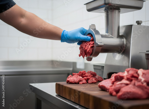 Butcher using electric meat grinder to mince fresh beef in professional kitchen. Raw food preparation for hamburger and culinary production line in restaurant or grocery store business.