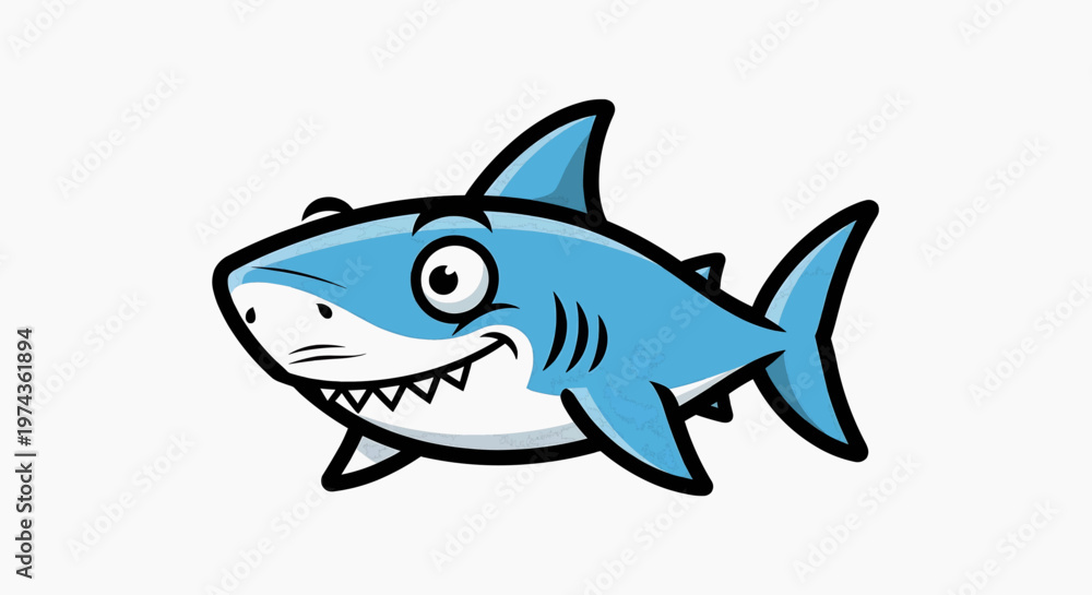 Fototapeta premium A cartoon shark swims in the ocean with a happy expression on its face.