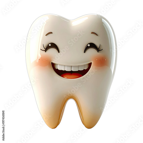 A whimsical, cartoon-style illustration depicts a smiling tooth with closed eyes and rosy cheeks against a stark black background, conveying a sense of joy and dental health.