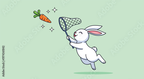 Cute cartoon rabbit trying to catch a carrot with a net.
