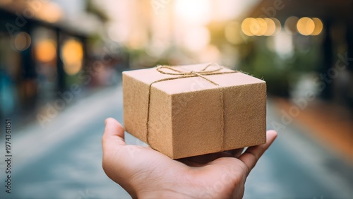 Hand holding a small brown cardboard gift box tied with twine.