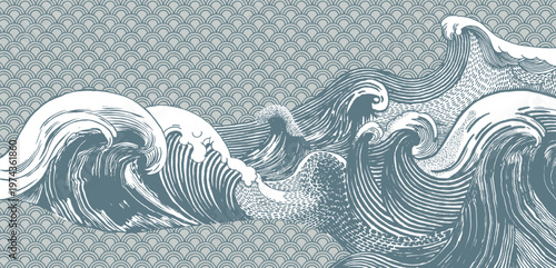 Hand drawn Japanese inspired horizontal ocean waves. Vintage woodcut style featuring dynamic white foam and grey-blue waves against a traditional Seigaiha scale pattern background.