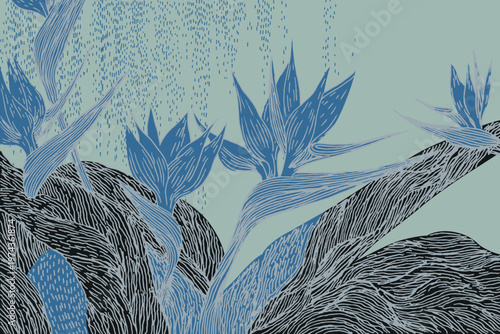 Hand drawn Japanese inspired Bird of Paradise. Vintage woodcut style featuring large white tropical flowers and bird silhouettes on a dark charcoal background. Artisan botanical art.