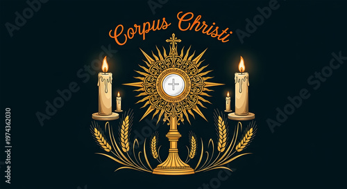 Golden Corpus Christi monstrance with candles and wheat on dark background religious