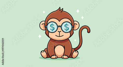 Cute Monkey with Dollar Sign Glasses Cartoon Illustration.