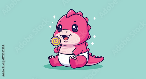Cute Pink Baby Dinosaur Eating Lollipop.