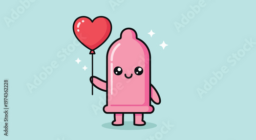 Cute Pink Condom Character Holding a Red Heart Balloon.
