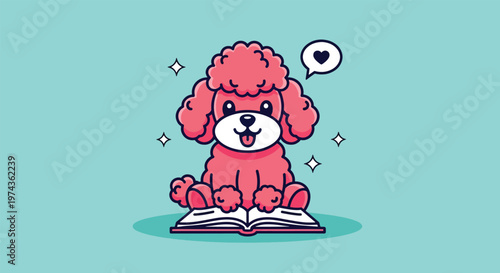 Cute Pink Poodle Dog Reading Book Cartoon Vector