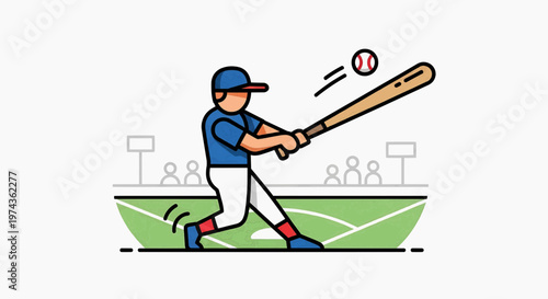 A baseball player swings bat hitting ball on green field with spectators