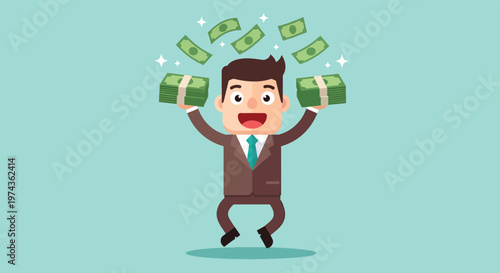 Happy Businessman Jumping with Money Falling Around Him Vector Illustration.