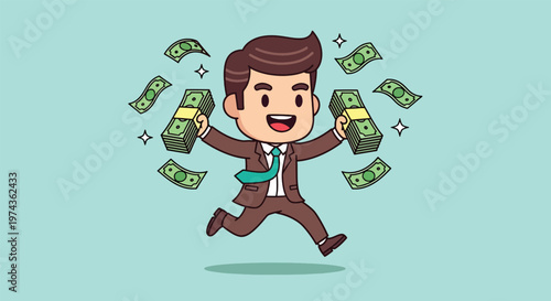 Happy Businessman Running with Money Falling Around Him.